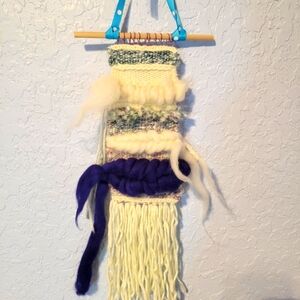 Handmade Turquoise, Ivory, Navy Loom Woven Wall Hanging 5" x 19" Fiber Art